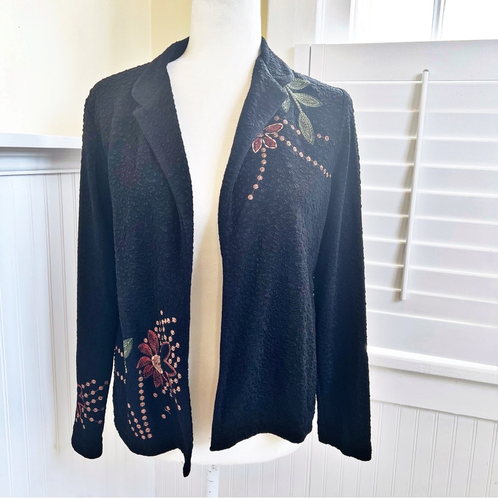 Coldwater Creek Black Embroidered Floral Open Front Jacket Size Medium Petite
